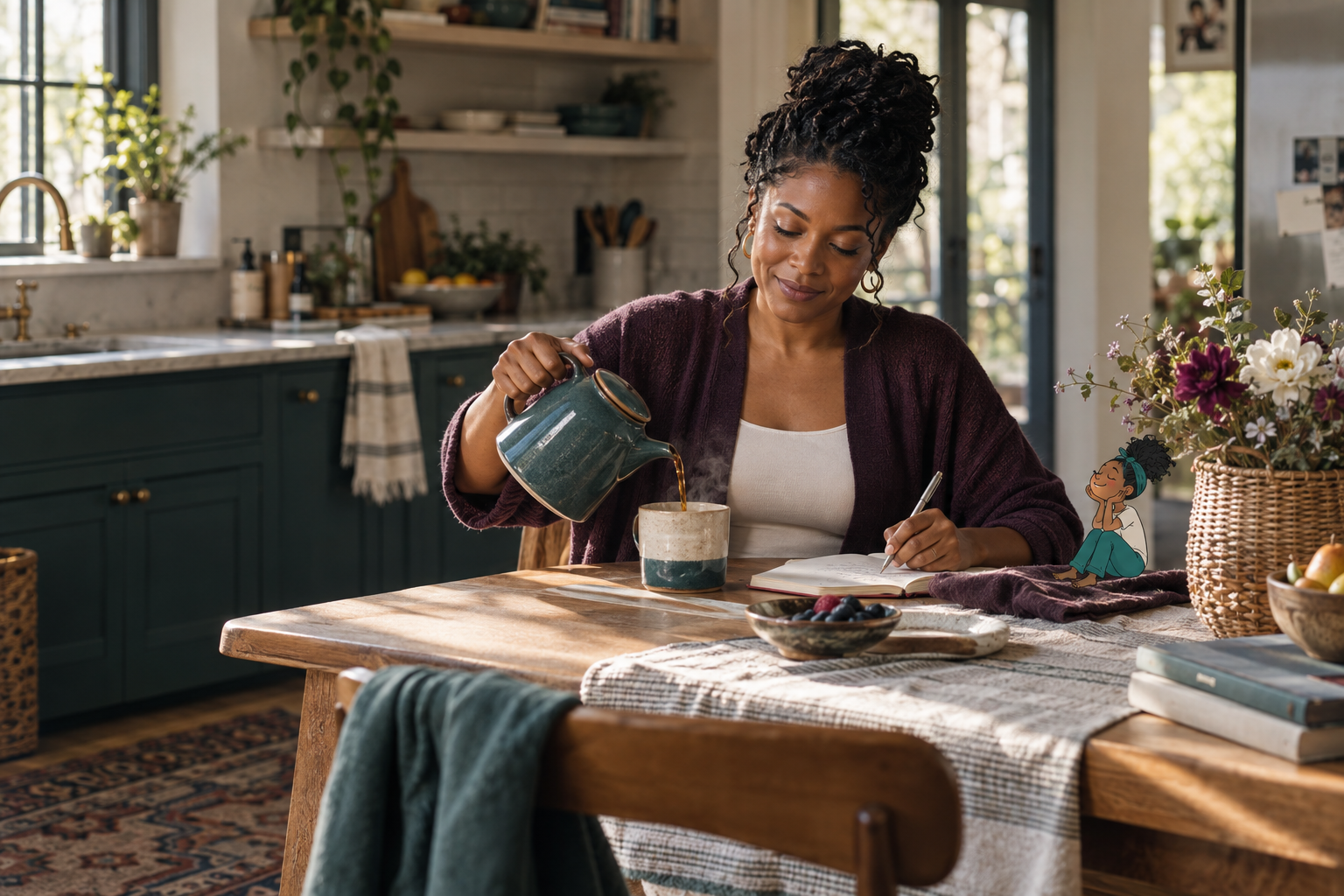 A woman pauses to pour herself tea and write a note at a sunlit kitchen table, accompanied by the small POURED. character.